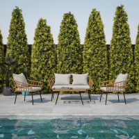 Flash Furniture SB-1960-GY-GG Evin Boho 4 Piece Indoor/Outdoor Rope Rattan Patio Conversation Set with Tempered Glass Top Coffee Table and Gray Cushions, Natural